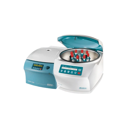 Microcentrifuges & Compact Centrifuges, two white and teal benchtop centrifuges, one open with red-capped tubes