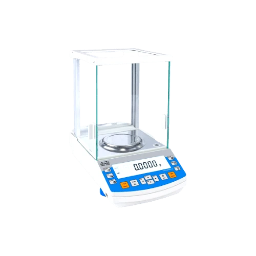 Analytical Balances, white balance with glass draft shield, round pan and blue keypad display