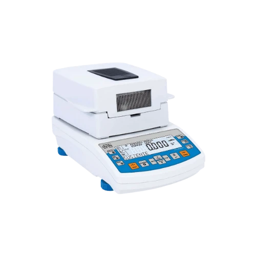 Moisture Analyzers, white unit with lift-up heating lid, display and blue keypad