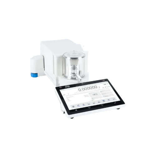 Micro Balances, compact weighing chamber with glass enclosure and separate touchscreen terminal