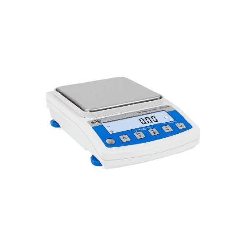Precision Top Loading Balances, white balance with square stainless pan and blue keypad display