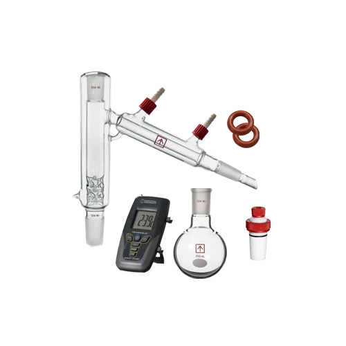 Short Path Parts & Glassware, glass distillation head, round flask, thermometer, stopcock and red O-rings