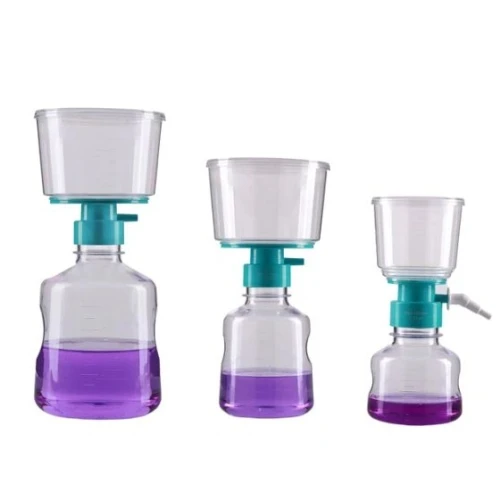 NEST Vacuum Filtration Systems, three bottle-top filter units on plastic bottles with purple liquid
