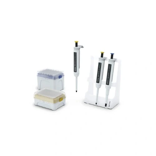 Liquid Handling: Pipettes & Dispensers, three pipettes in a stand beside two tip boxes