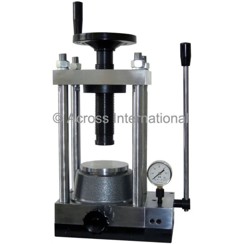 Lab Presses & Pressing Dies, manual press with hand wheel, steel posts, pump lever and gauge