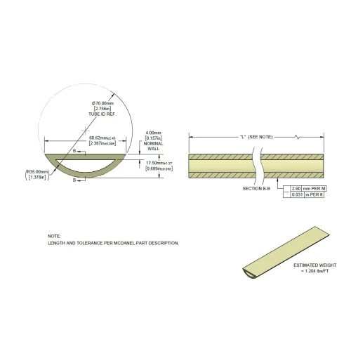 Lab Furnace Replacement Parts, product diagram of a half-round ceramic tube with dimensions