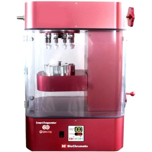 BioChromato Smart Evaporators, red benchtop unit with clear front cover and small display