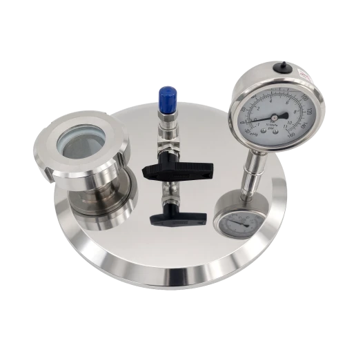 Tri-Clamp Lids, End Caps & Spray Balls, close-up of stainless lid with gauge, sight glass, valves and clamp ports