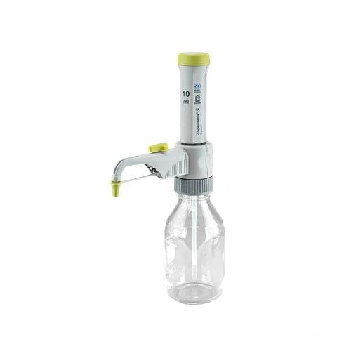 BrandTech Bottletop Dispensers, grey dispenser with lime green cap mounted on a glass bottle