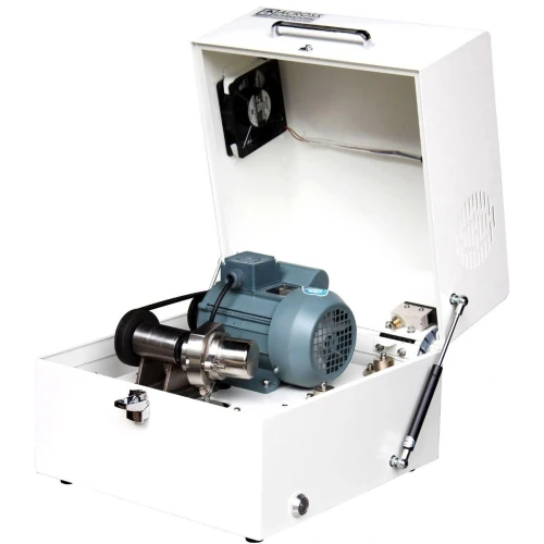 High Energy Vibratory Ball Mill, white cabinet with lid open showing motor and clamp inside