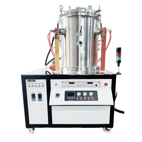 Lab Vacuum Furnaces, stainless cylindrical chamber on a white control cabinet with copper leads