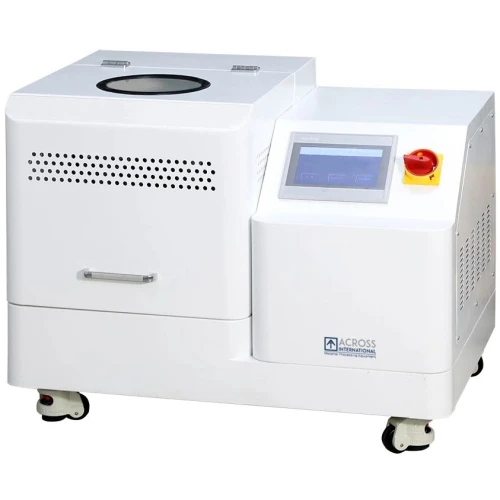 Planetary Ball Mills, white mill on casters with round top window, touchscreen and red switch