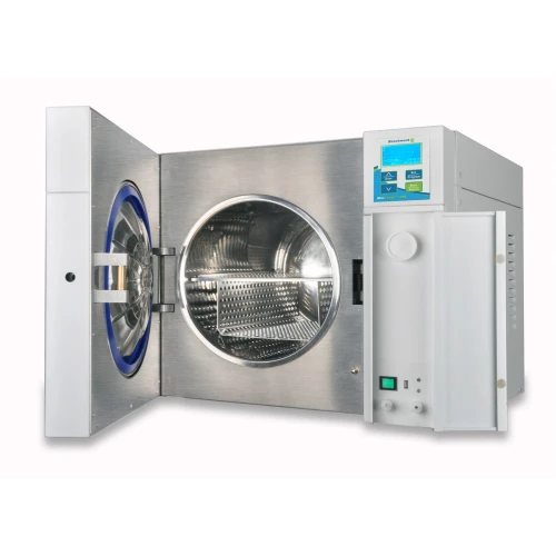 Research Autoclaves & Sterilization, benchtop autoclave with round stainless chamber, door open