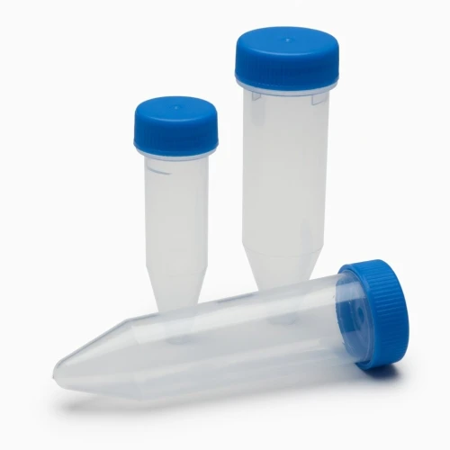Centrifuge Tubes, 15ml and 50ml conical tubes with blue caps, representative image