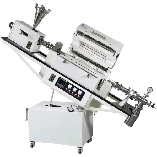 Rotary & Tilting Tube Furnaces, white furnace on an angled frame with hopper and open lid