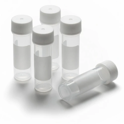 Cryogenic Vials, clear screw-cap vials with white caps, representative image