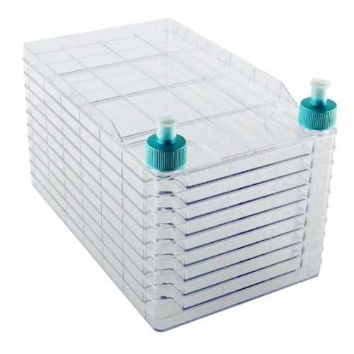 NEST BioFactory Cell Culture, clear multi-layer culture vessel with teal vent caps