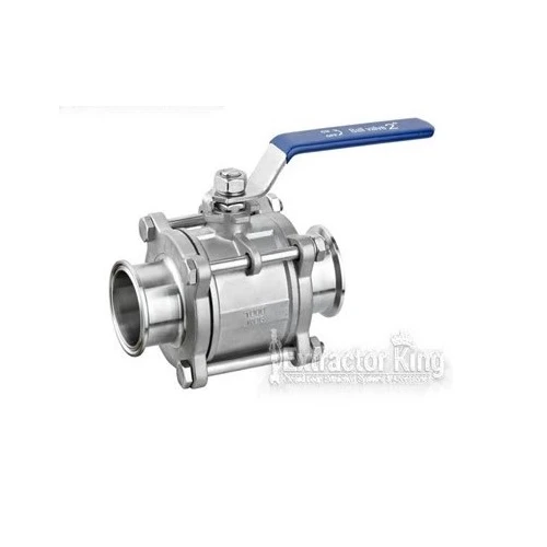 High Pressure Valves, Gauges & Fittings, stainless three-piece ball valve with tri-clamp ends and blue handle