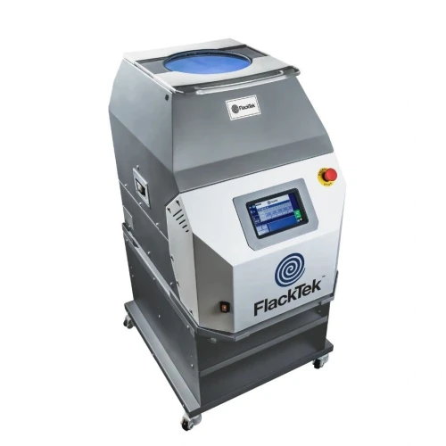 FlackTek Dual Asymmetric Centrifugal Mixers, grey floor mixer with touchscreen and red stop button