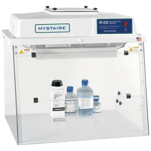 Fume Hoods & Laminar Flow Enclosures, clear acrylic enclosure with white top unit and bottles inside