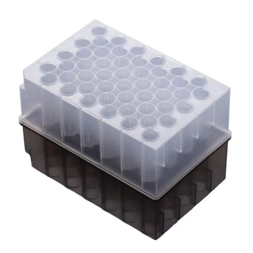 NEST Deep Well Plates, clear plastic deep well plate seated on a dark base