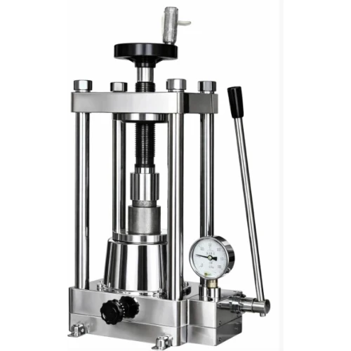 Hydraulic Pellet Presses, stainless press with hand wheel, four posts, pump handle and gauge