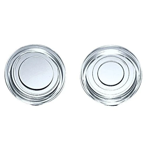 NEST Cell Culture Products, two round clear dishes with silver centre discs, top view