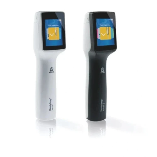 Lab Pipettes: Manual & Electronic, white and black handheld electronic units with colour screens