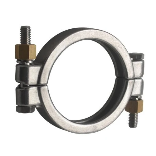 High Pressure Tri-Clamp Clamps, stainless double-bolt clamp with brass nuts, close-up