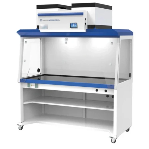 Laminar Flow Workstations, white and blue workstation with glass sides, top filter units and shelf base