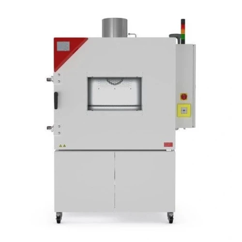 Environmental Test Chambers, grey chamber with viewing window, exhaust stack and control box on casters