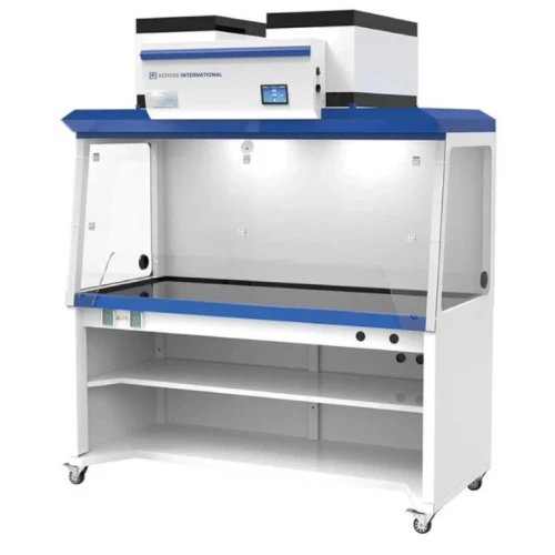 Ductless Fume Hoods, white hood with blue trim, glass sash, filter housing on top and wheeled base