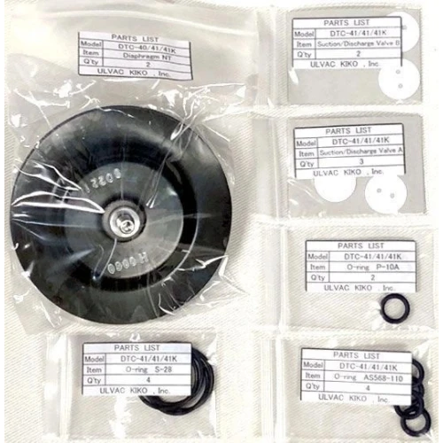 ULVAC Pump Parts & Accessories, bagged kit parts, black diaphragm, valve discs and O-rings with part list cards