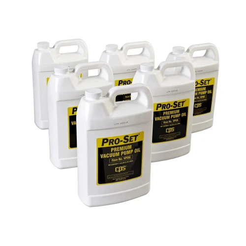 CPS Vacuum Pump Oil, six white gallon jugs with yellow and black labels, white background