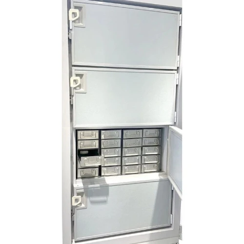 ULT Freezer Accessories, freezer interior with inner doors and a rack of metal storage drawers