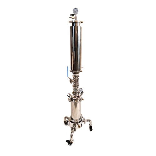 2LB-5LB Closed Loop Extractors, tall stainless material column, valves and gauges above a base pot on caster legs