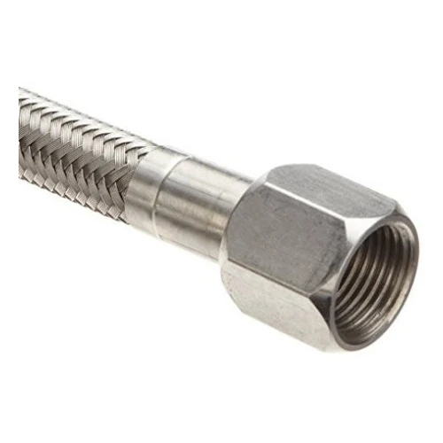 37° JIC High Pressure PTFE Hoses, close-up of braided stainless hose end with hex female fitting