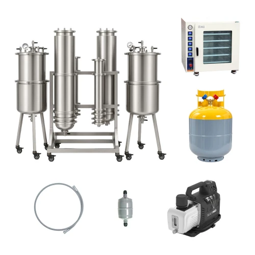 Turn Key Extraction Packages, extractor column, recovery tank, vacuum oven, vacuum pump, hose and filter with store logo