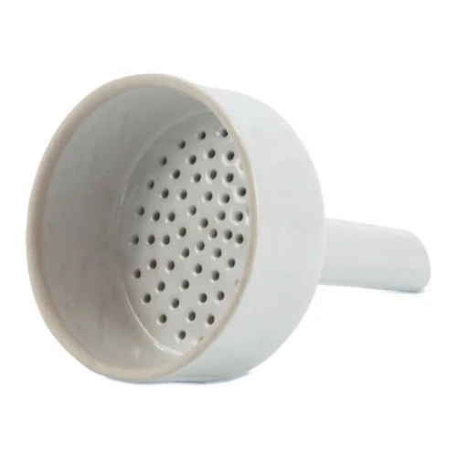 Filtration Media & Colour Remediation, white porcelain funnel with perforated plate, close-up
