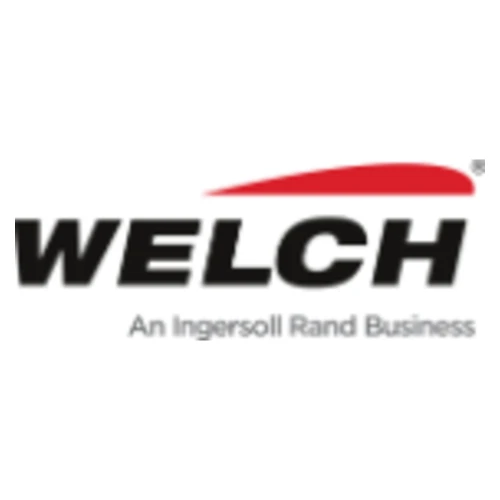 Welch Vacuum Pumps, brand logo in black lettering with red swoosh on white
