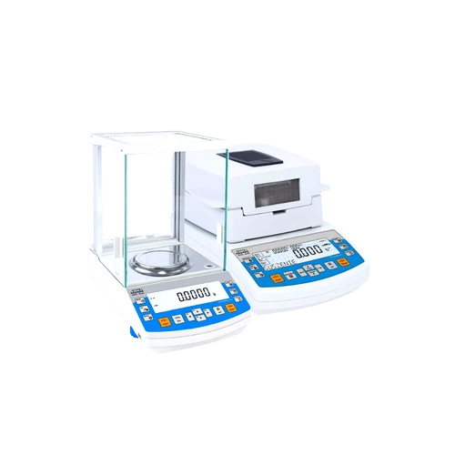 Lab Balances & Scales, glass draft-shield balance beside a moisture analyzer with keypads