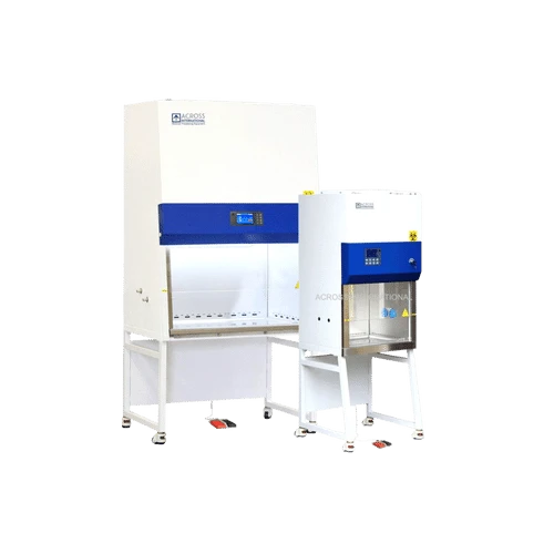 Biosafety Cabinets, two white cabinets with blue control panels and glass sashes on stands