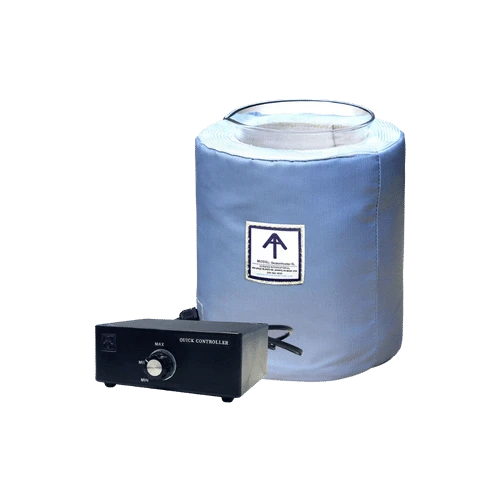 Beaker Heaters to 400°C, blue fabric heater jacket around a glass beaker with black controller box