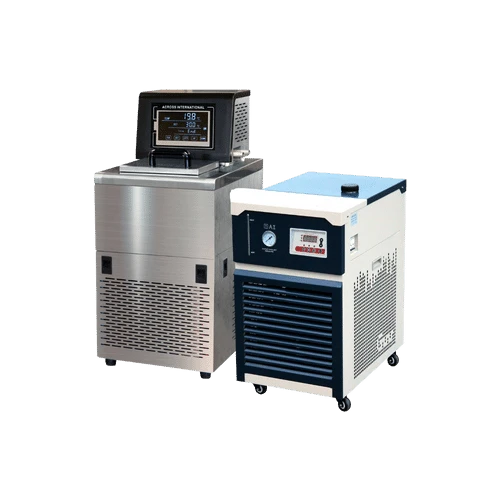 Recirculating Chillers & Heaters, stainless benchtop circulator beside a white and navy chiller on casters