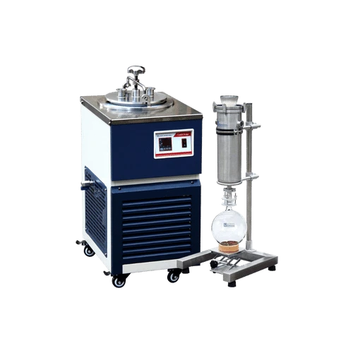 Cold Traps for Vacuum Pumps, blue cooling unit with stainless lid beside a stainless trap and glass flask