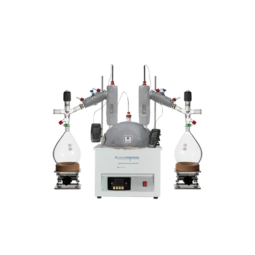 Short Path Distillation Kits, twin glass still heads on one heating mantle feeding two flasks on lab jacks