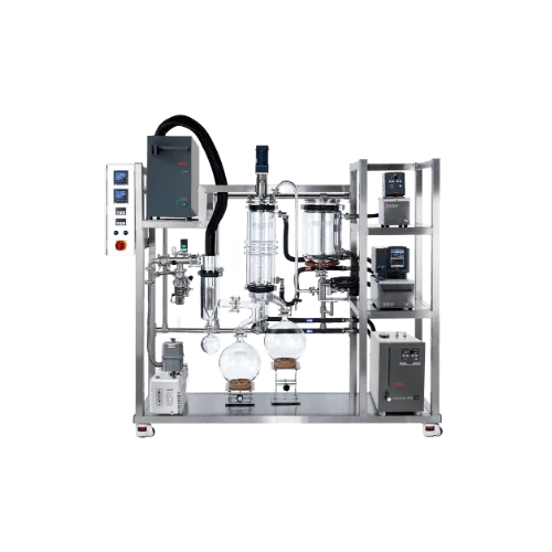 Thin Film Distillation Systems, glass evaporator and condenser on wheeled steel rack with receiving flasks and chillers