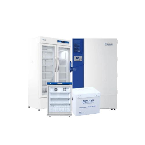 Lab Freezers & Cold Storage, upright glass-door fridges, blue and white freezers and a shipping box