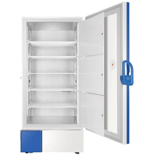 -25°C to -30°C EasyChill Lab Freezers, upright white freezer with door open showing wire shelves