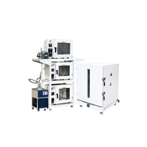 Laboratory Vacuum & Forced Air Ovens, stacked vacuum ovens with pump and chiller beside a large white floor oven